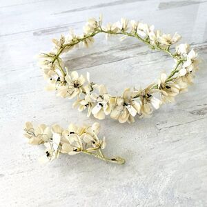 VTG Bridal Crown and Buttonniere Hand Made Mother Of Pearl Flowers Beach Wedding